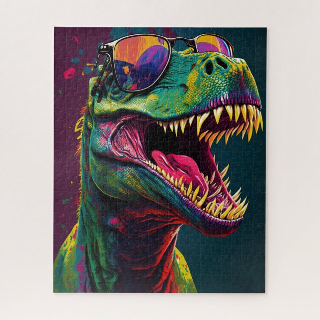 Quebra-cabeça Dinossauro T Rex Legal Poster Verde Azul (Vertical)