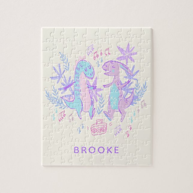 Quebra-cabeça Dinossauros Dançantes Pastel Azul Roxo Personaliza (Vertical)