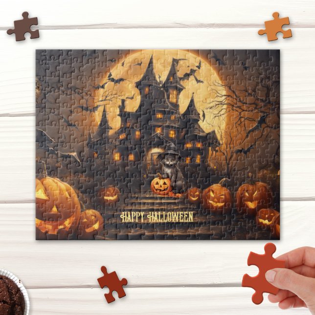 Quebra-cabeça do Black Cat Happy Halloween Hauneen (Halloween puzzle featuring a cute fantasy scene with a black cat with pumpkins at a haunted house)