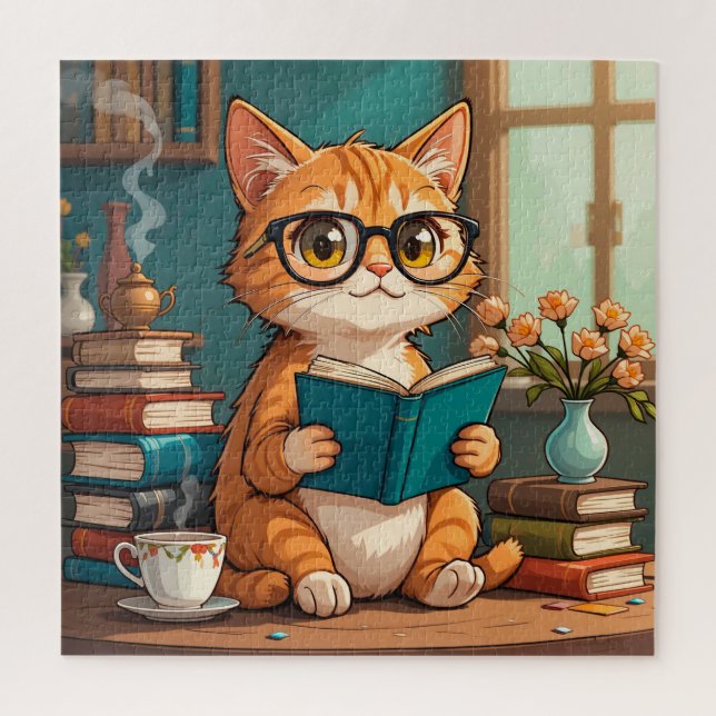 Quebra-cabeça do Gato Lendo Livro Presente Fofo (Vertical)