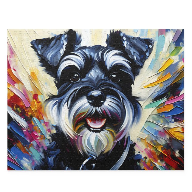 Quebra-cabeça do Schnauzer Miniatura: Zwerg Preto  (Miniature Schnauzer Puzzle: Black and Silver Acrylic Style Zwergschnauzer Jigsaw)
