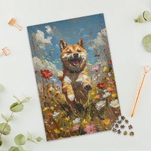 Quebra-cabeça do Shiba Inu no Campo de Flores Silv