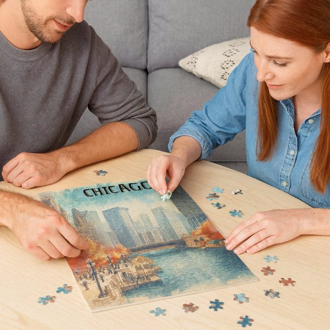 Quebra-cabeça do Vintage Chicago Riverwalk no Outo (Jigsaw puzzles are fun for everyone. )