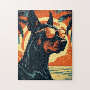 Quebra-cabeça Doberman com óculos de sol em uma praia tropical