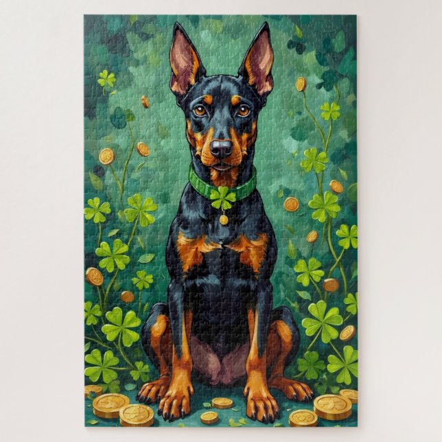 Quebra-cabeça Doberman Dia de São Patrício Elegante Cachorro Sor (Vertical)