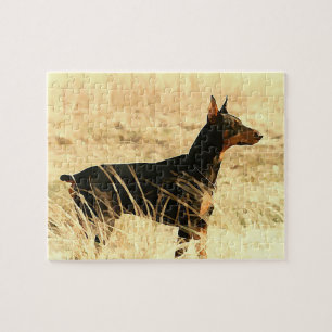 Quebra-cabeça Doberman nos juncos secos que pintam a imagem