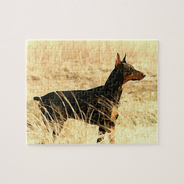 Quebra-cabeça Doberman nos juncos secos que pintam a imagem (Horizontal)