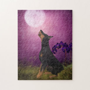 Quebra-cabeça Doberman Purple Fantasy Orchids Dog Art