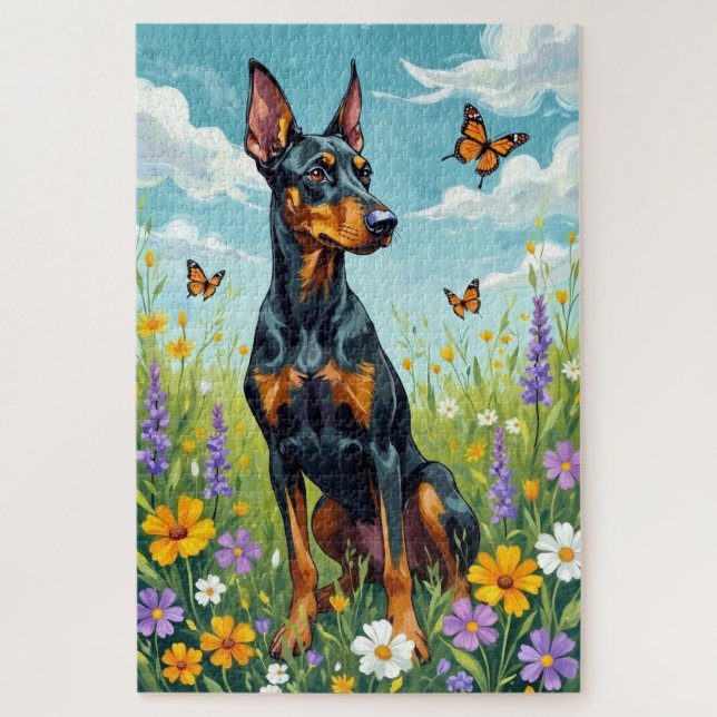 Quebra-cabeça Doberman Spring Meadow Floral Dog (Vertical)