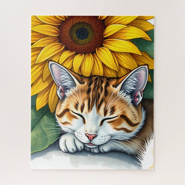 Quebra-cabeça Doce Gatinho Sonolento e Girassóis  (Vertical)