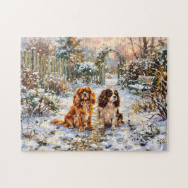 Quebra-cabeça Dois Cavalier Spaniels em Caminho de Inverno