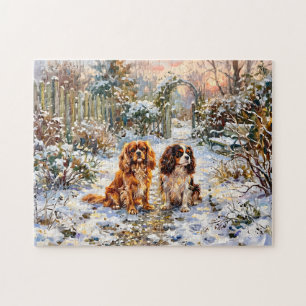 Quebra-cabeça Dois Cavalier Spaniels em Caminho de Inverno