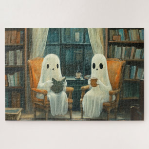 Quebra-cabeça Dois Fantasmas Aconchegantes Lendo em uma Bibliote