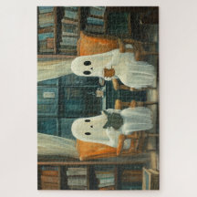 Dois Fantasmas Aconchegantes Lendo em uma Bibliote