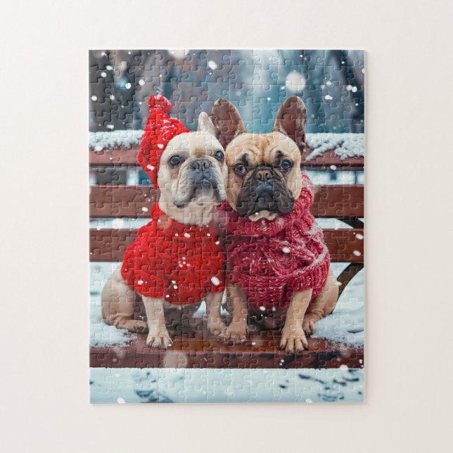 Quebra-cabeça Dois Frenchies em Roupas de Inverno de Tricô (Vertical)