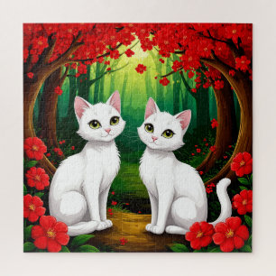 Quebra-cabeça Dois Gatos Adoráveis Sentados em uma Floresta Vibr