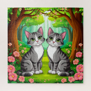Quebra-cabeça Dois gatos adoráveis sentados em uma floresta vibr
