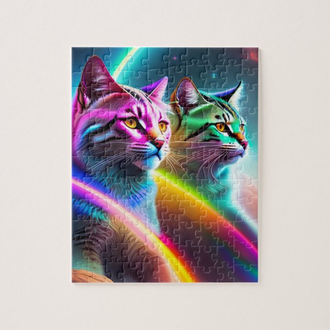 Quebra-cabeça Dois Gatos Espaciais Luzes Neon Gatos Coloridos (Vertical)
