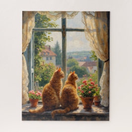 Quebra-cabeça Dois gatos ginger olhando pela janela