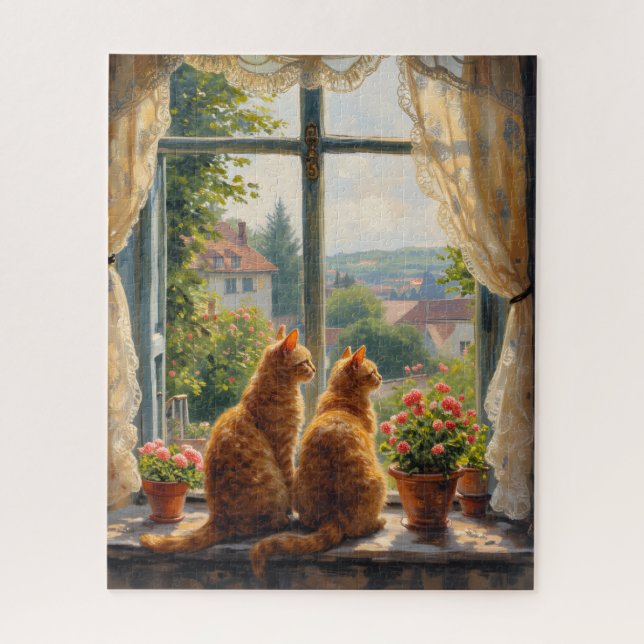 Quebra-cabeça Dois gatos ginger olhando pela janela   (Vertical)