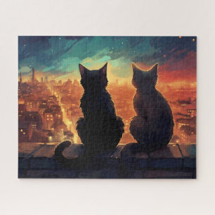 Quebra-cabeça Dois gatos no terraço, procurando na cidade à noit