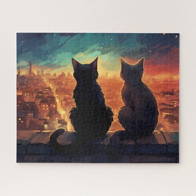 Quebra-cabeça Dois gatos no terraço, procurando na cidade à noit (Horizontal)