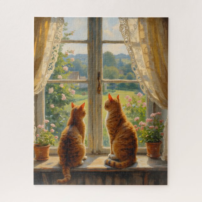 Quebra-cabeça Dois gatos sentados em um assento de janela da baí (Vertical)