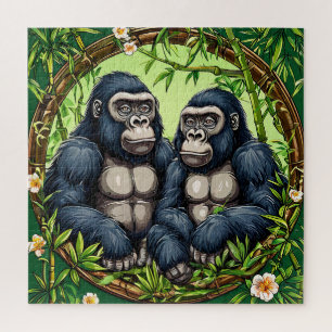 Quebra-cabeça Dois Gorilas numa Moldura Tropical de Bambu
