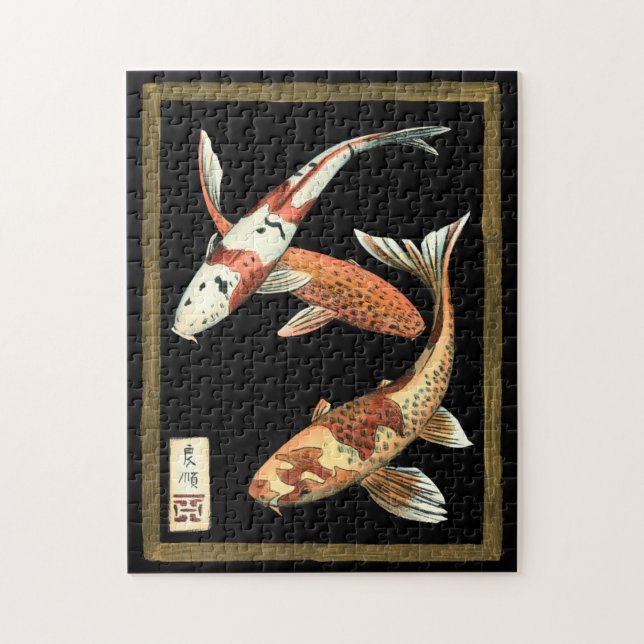 Quebra-cabeça Dois Koi Goldfish japoneses em preto (Vertical)