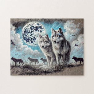 Quebra-cabeça Dois Lobos ao Luar com Alcatéia