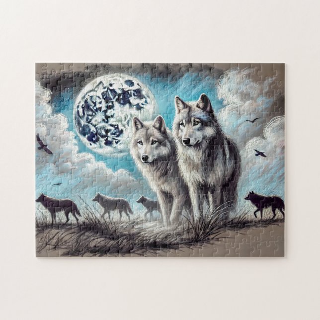 Quebra-cabeça Dois Lobos ao Luar com Alcatéia (Horizontal)