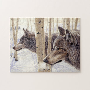 Quebra-cabeça Dois lobos caçando em pintura acrílica de neve de