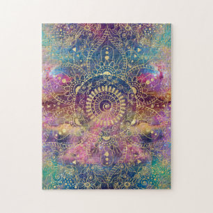 Quebra-cabeça Dourada aquarela e nebula mandala