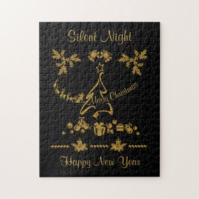 Quebra-cabeça Dourada Glitter Feliz Natal, Papai Noel (Vertical)