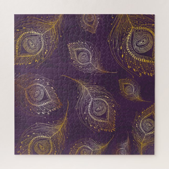 Quebra-cabeça Dourada pena de pavão, fundo violeta. (Vertical)