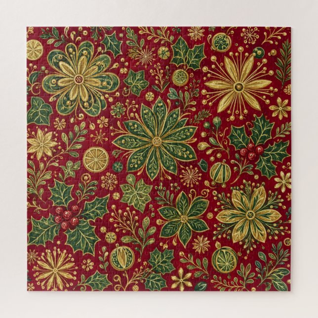 Quebra-cabeça Dourado Antigo Verde Folhas de Natal Botânica de N (Vertical)