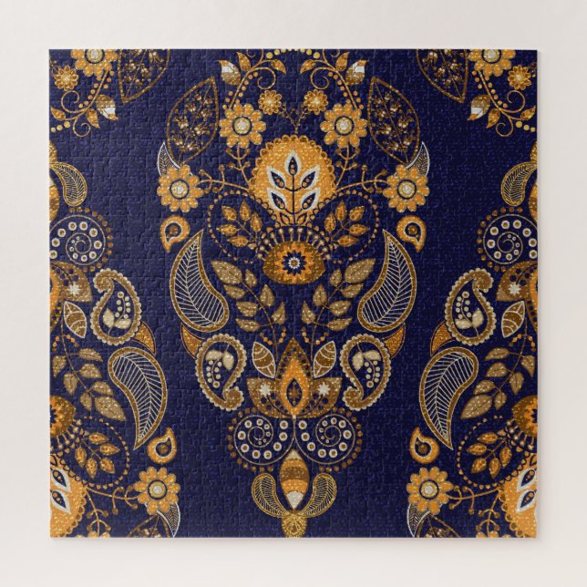 Quebra-cabeça Dourado e azul, padrão floral sem costura. (Vertical)