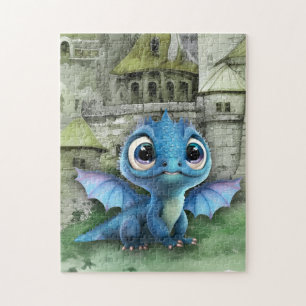 Quebra-cabeça Dragão Azul Bebê E Castelo Medieval Fantasia