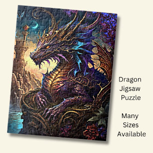 Quebra-cabeça Dragão Azul Roxo Dourado com Torre