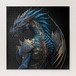 Quebra-cabeça Dragão azul Steampunk com asas metálicas arte AI