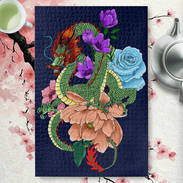 Quebra-cabeça Dragão Chinês Verde Místico Floral Azul Marinho (Criador carregado)