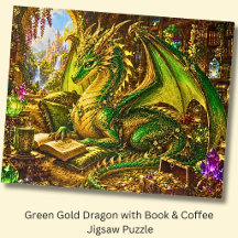 Dragão Dourado Verde com Livro e Café