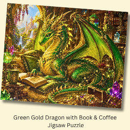 Quebra-cabeça Dragão Dourado Verde com Livro e Café