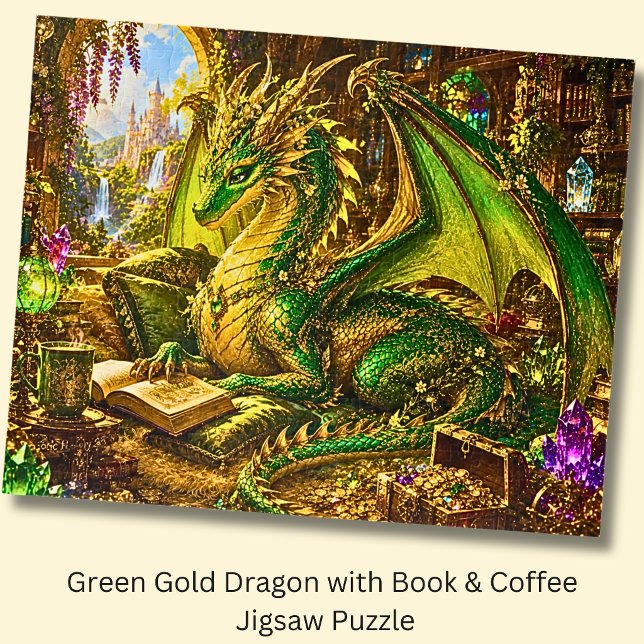 Quebra-cabeça Dragão Dourado Verde com Livro e Café (Criador carregado)
