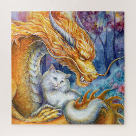 Quebra-cabeça Dragão Fiery e Gato Branco em Floresta Mística