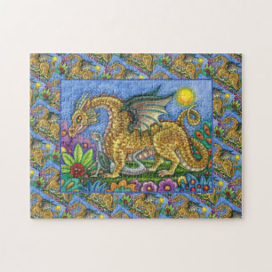 QUEBRA-CABEÇA DRAGÃO MEDIEVAL E JARDIM DE ARTE FOLK JOVEM E COLO