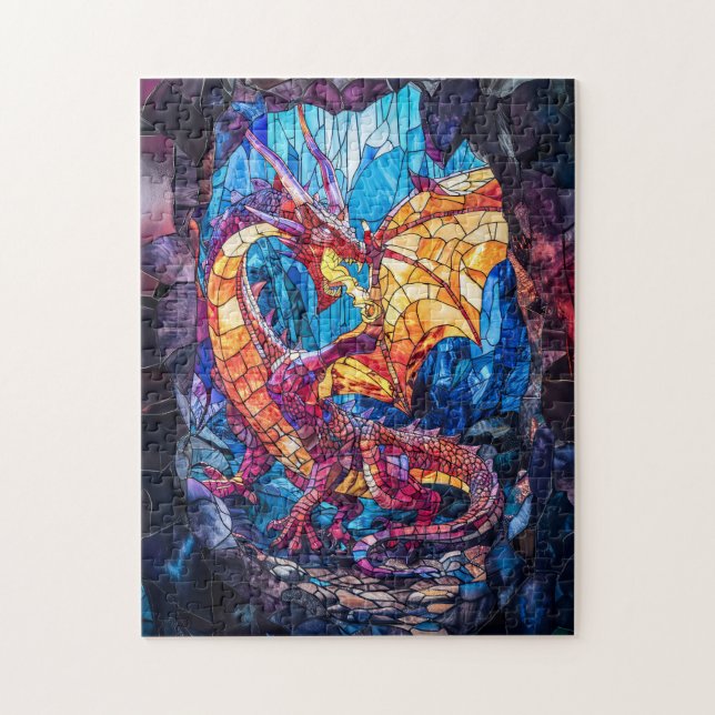 Quebra-cabeça Dragão que Respira o Fogo em Caverna (Vertical)