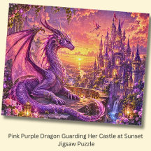Dragão Roxo Rosa Protegendo Seu Castelo ao Pôr do