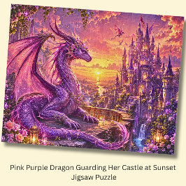 Quebra-cabeça Dragão Roxo Rosa Protegendo Seu Castelo ao Pôr do 