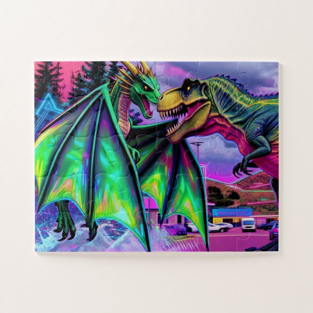 Quebra-cabeça Dragão Verde vs Dinossauro (Horizontal)
